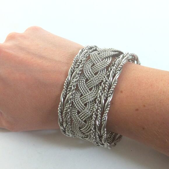 Bohemian Style Silver Tone Braided Twisted Layering Hippie Cuff Bracelet - Picture 4 of 4